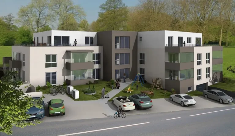 Visualisierung des geplanten Mehrfamilienhauses - Blick auf den Eingangsbereich sowie die Parkplätze